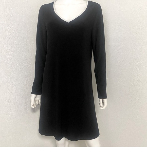 Nik and Nash Comfy Black Long Sleeve Dress Size Large White Line V-Neck Made USA - Picture 1 of 8